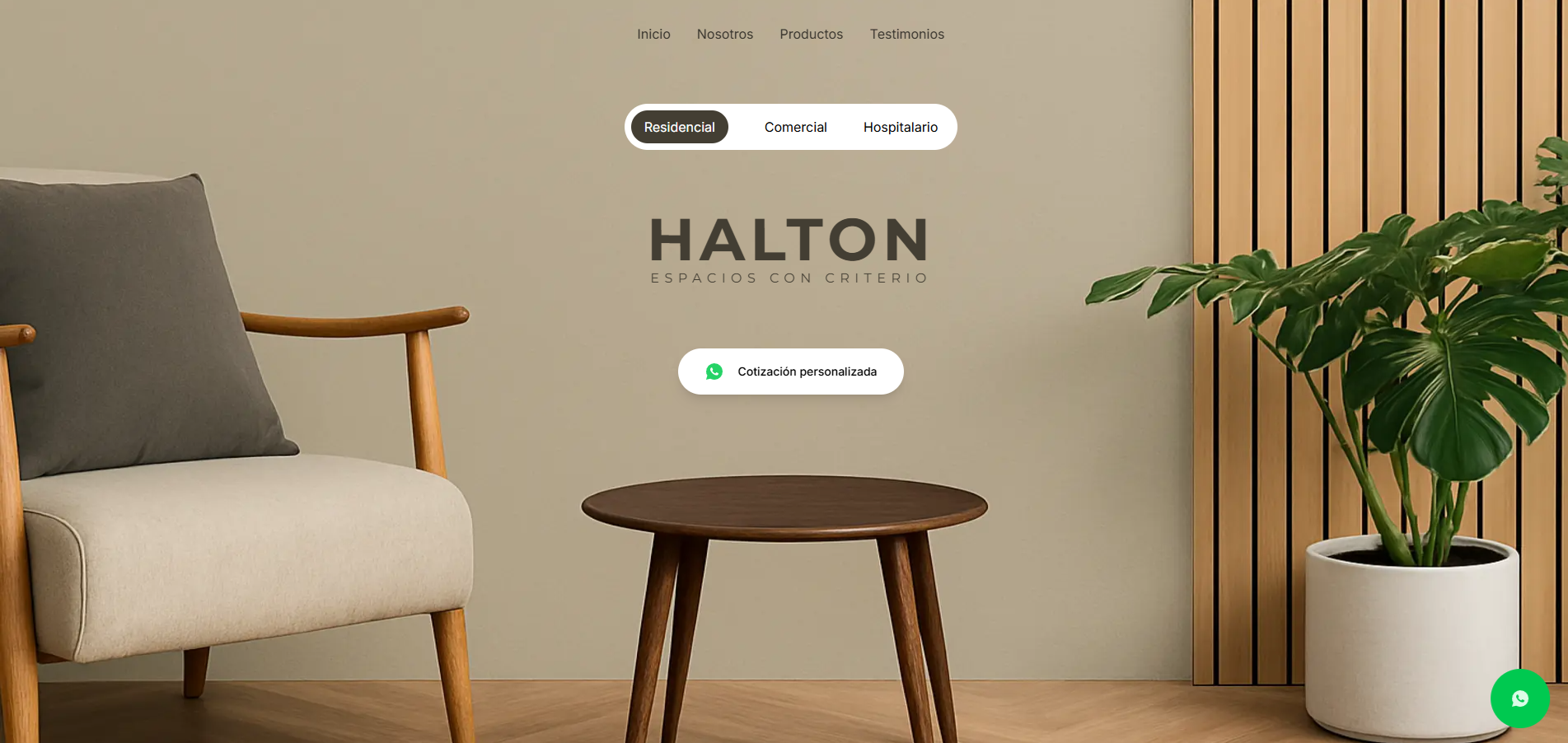 HALTON landing page — a quiet residential scene with a beige armchair, a round wooden side table and a monstera plant beside vertical timber slats.