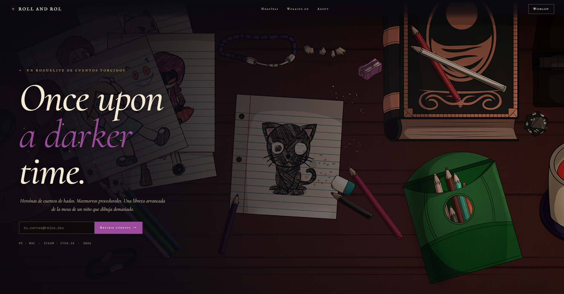 Roll and Rol landing page — a dark wooden desk arranged with notebook drawings, a D20, pencils and a candle.